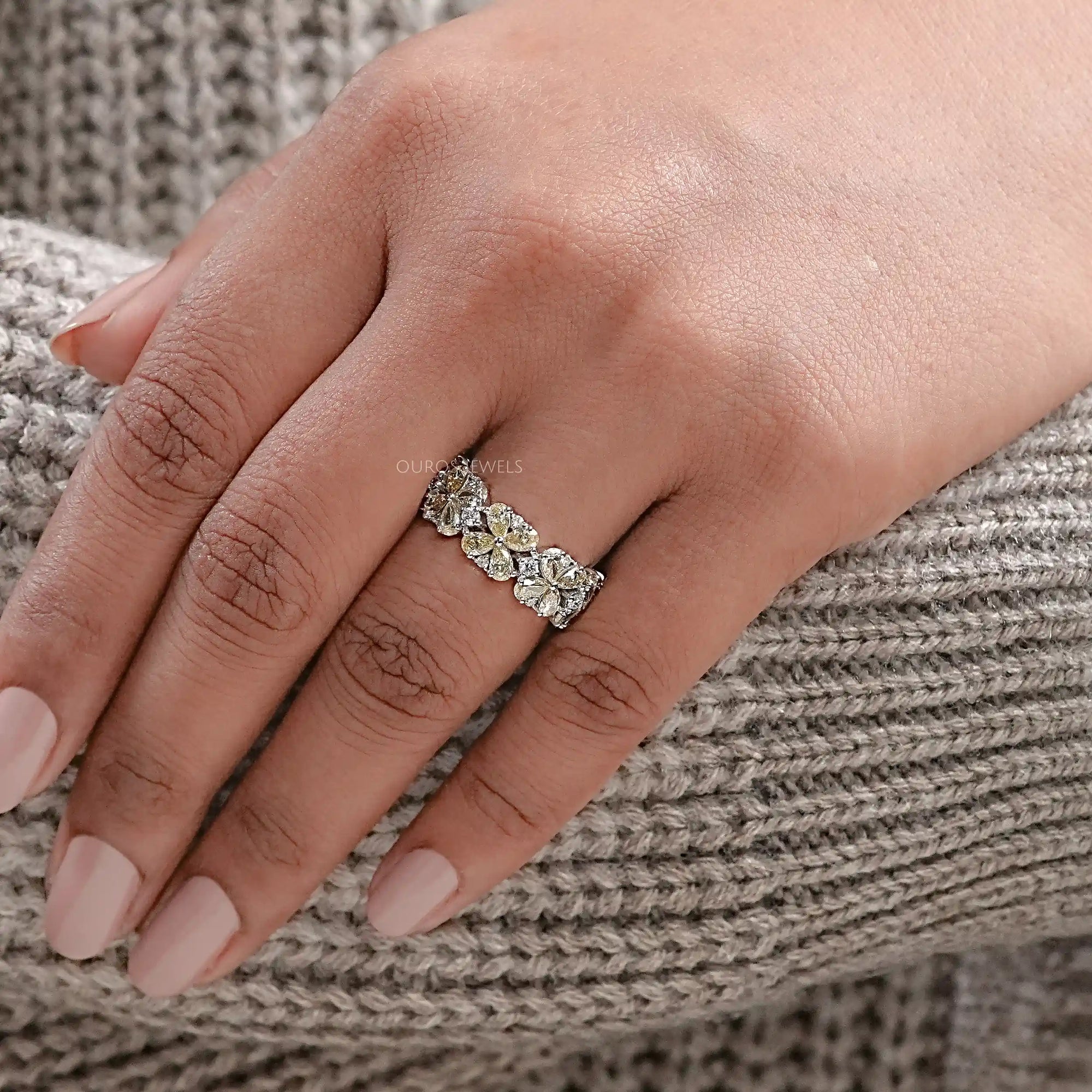 Yellow Pear Shape Floral Style Half Eternity Diamond Band Ring