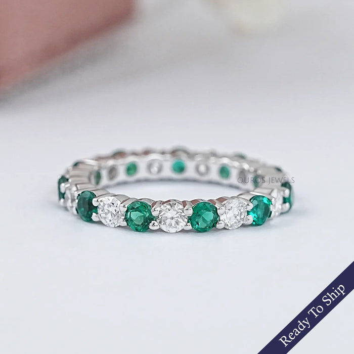 Emerald Gemstone And Round Diamond Wedding Band Rings