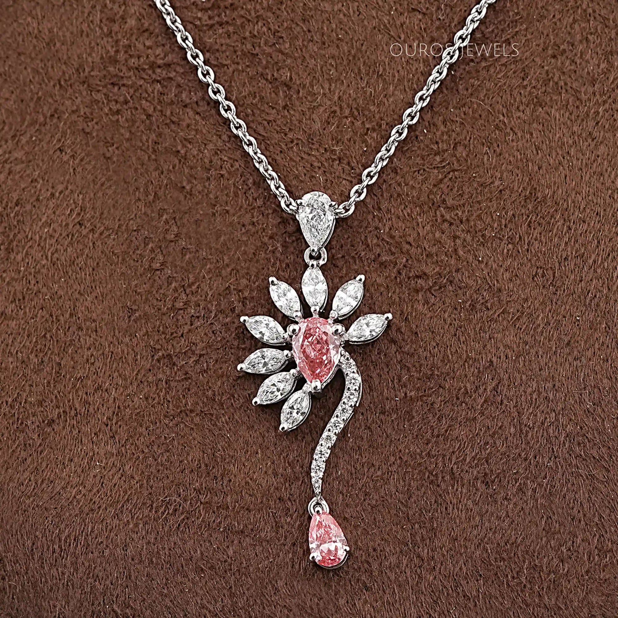 Pink Pear Flower Shape Diamond Pendant Necklaces