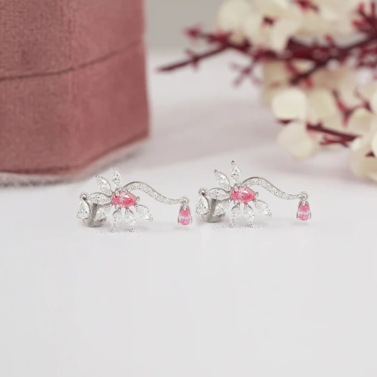 Pink Pear And Marquise Diamond Flower Drop Earrings Earrings