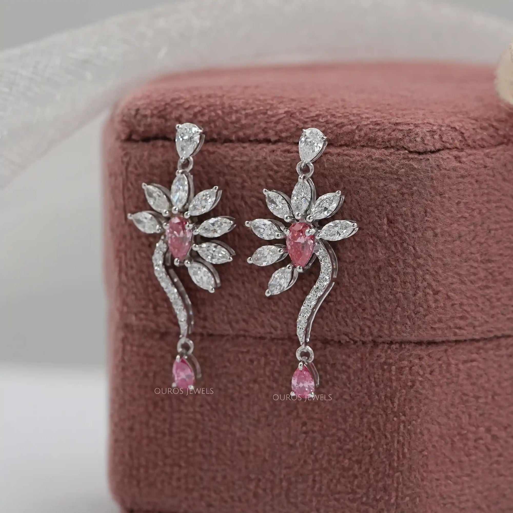 Pink Pear And Marquise Diamond Flower Drop Earrings Earrings