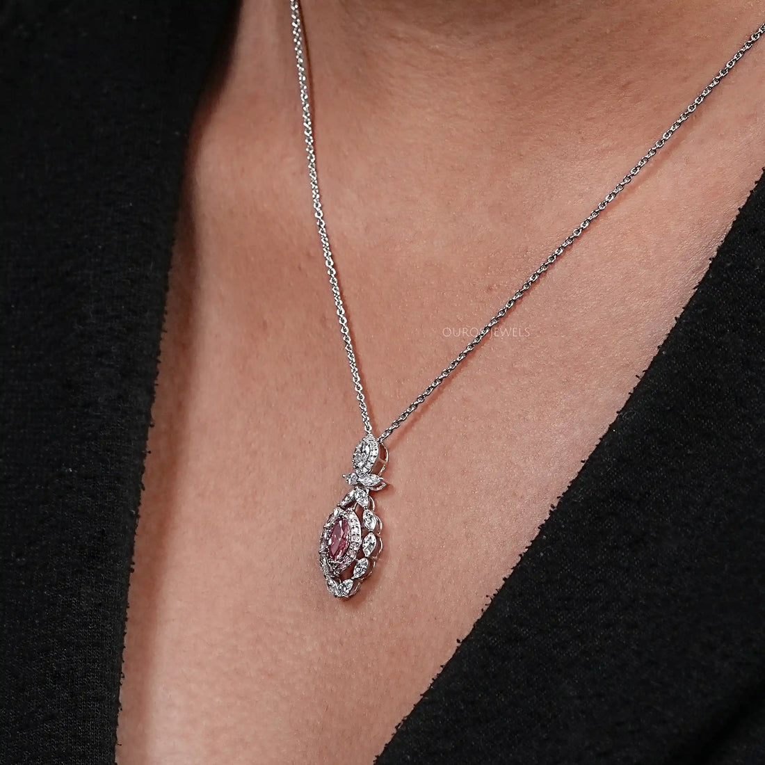 Pink Marquise Lab Diamond Double Halo Pendant Necklaces