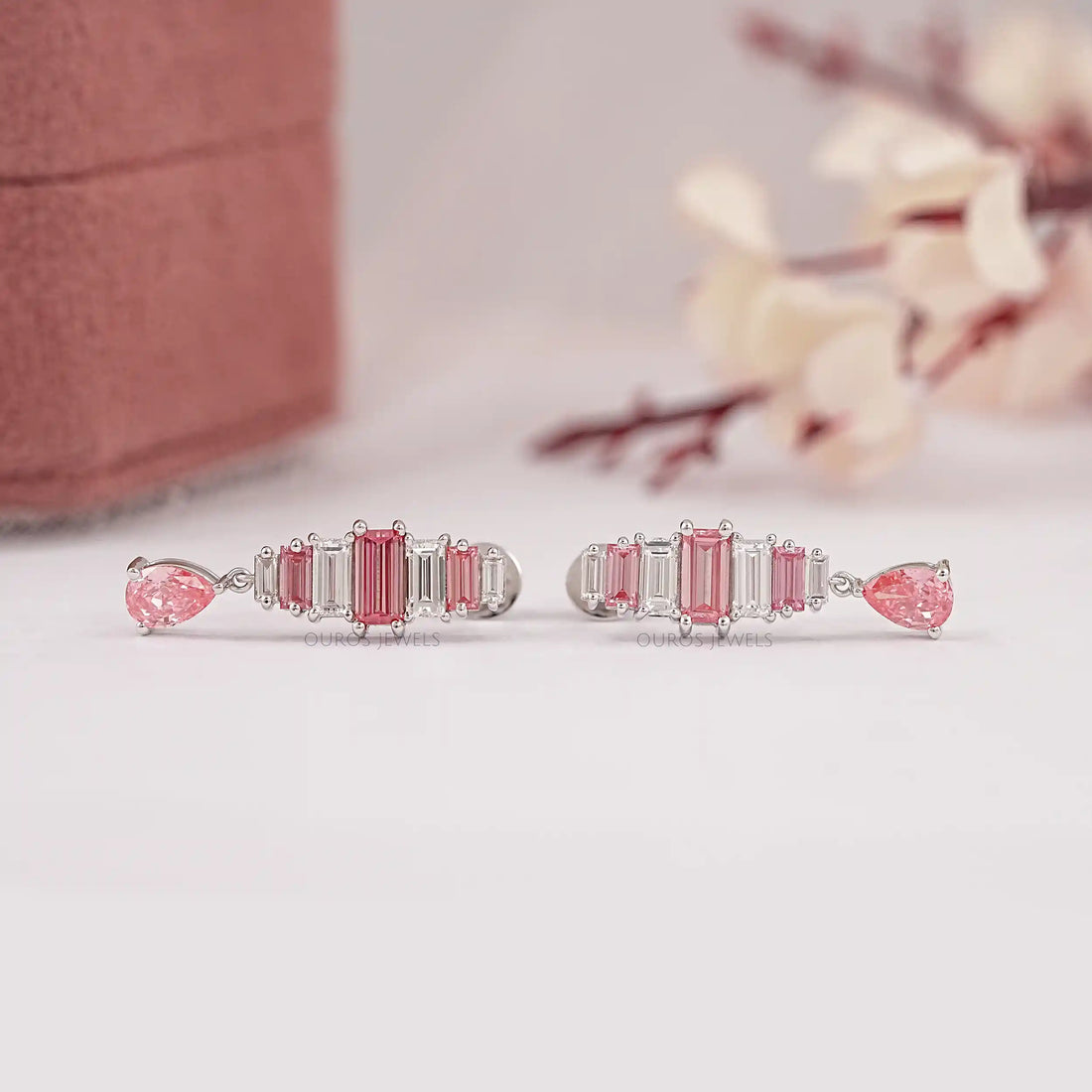 Alternative Pink Baguette Diamond Drop Earrings Earrings