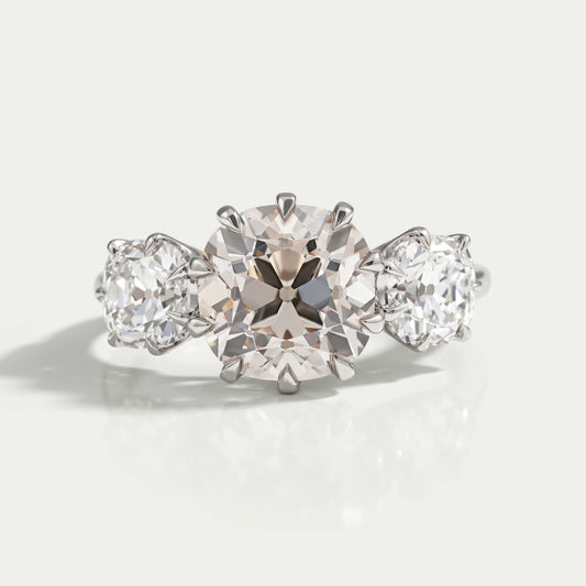 Tri Diamond Old Mine Cushion Cut Engagement Ring