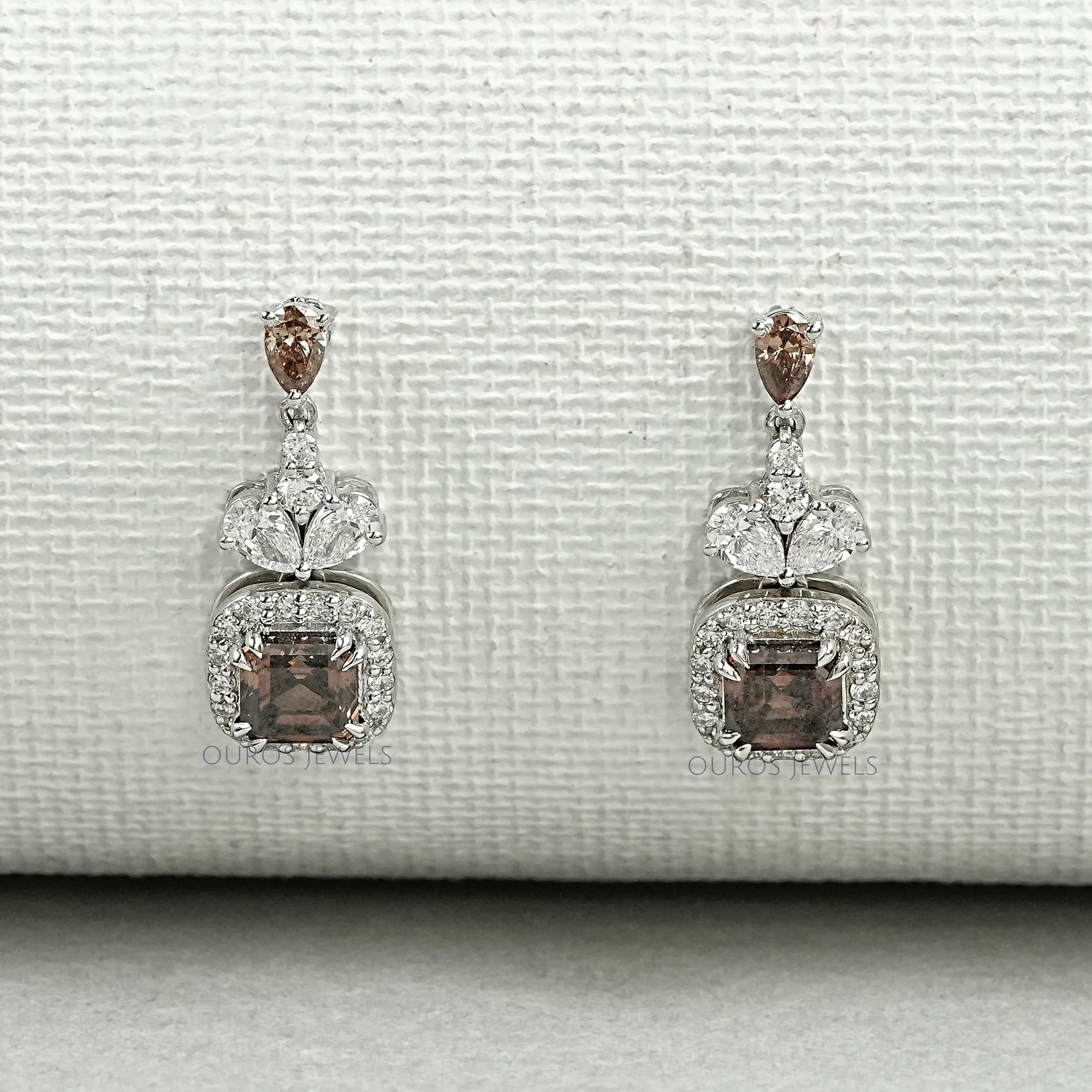 Champagne Asscher Cut Halo Dangle Earrings Earrings