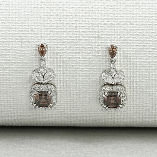 Champagne Asscher Cut Halo Dangle Earrings Earrings