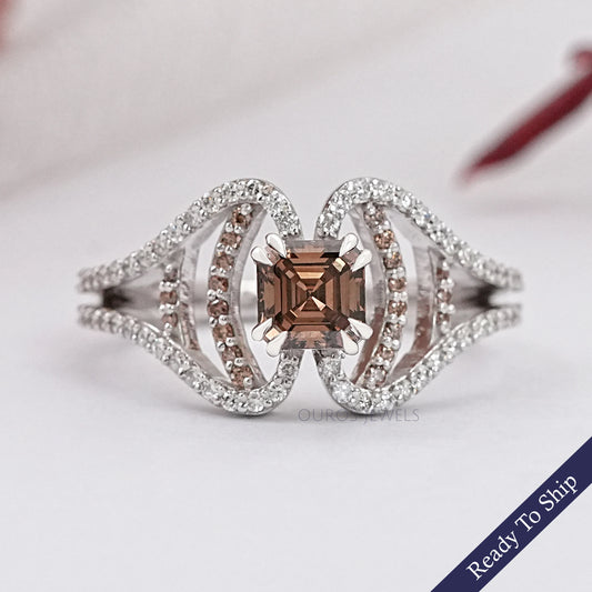 Brown Asscher Cut Lab Diamond Split Shank Accent Ring Ring