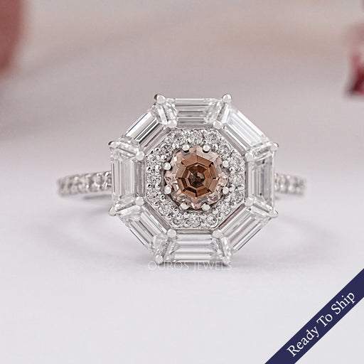 Fancy Brown Octagon Cut Lab Diamond Double Halo Ring Ring