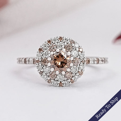 Fancy Round Brown Diamond Double Halo Accent Set Ring Ring