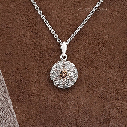 Double Halo Round Shape Champagne Diamond Pendant Necklaces