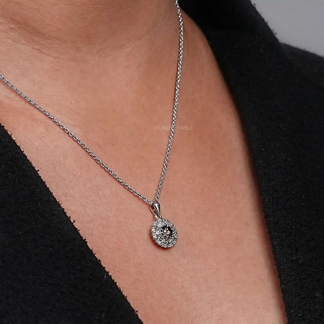 Brown Round Diamond Double Halo Pendant Necklaces