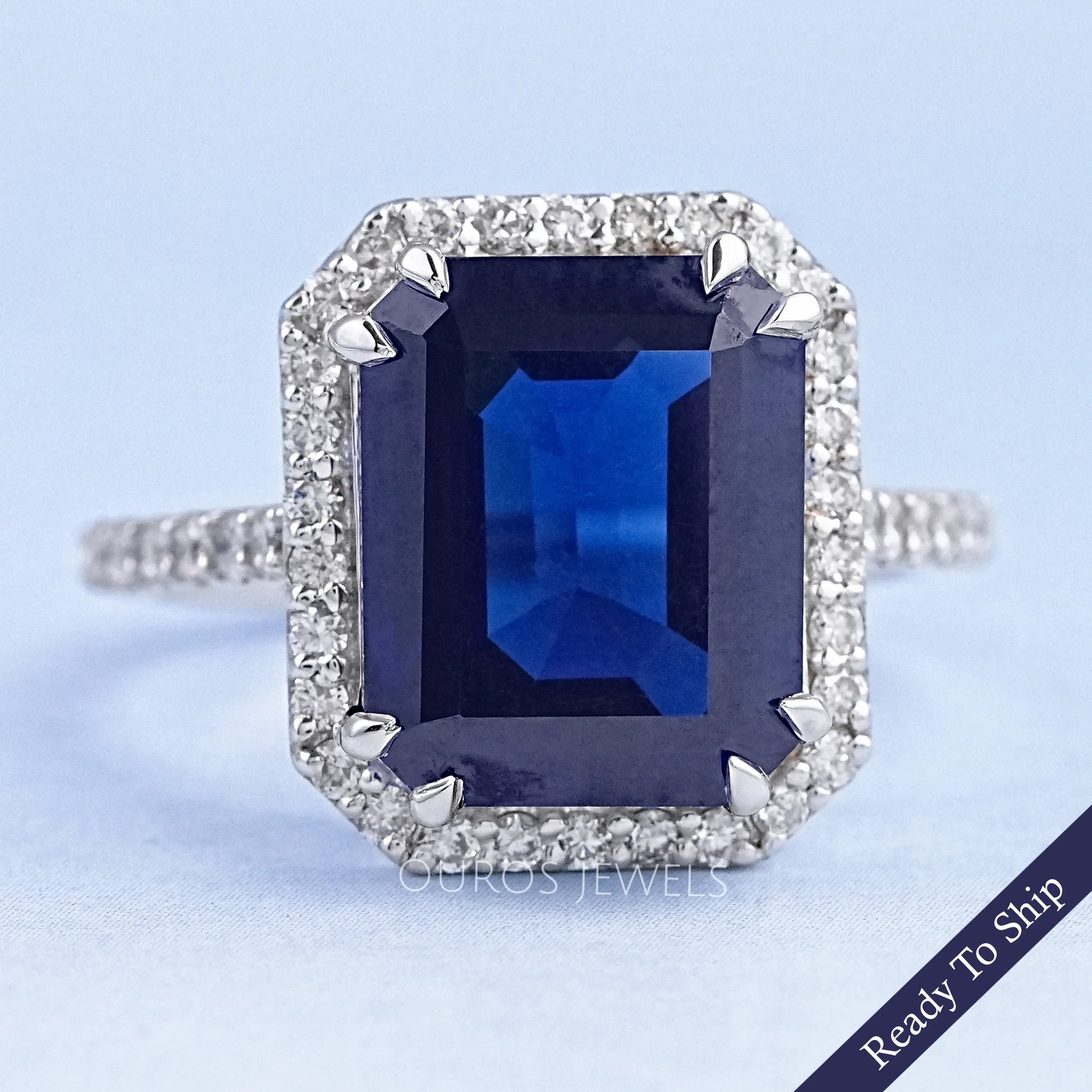 Sapphire Emerald Halo Engagement Ring