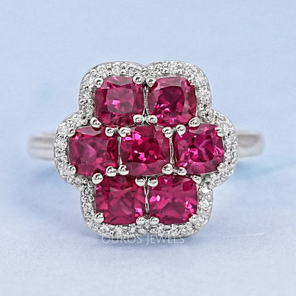 Red Ruby Cushion Shape Floral Halo Engagement Ring Ring