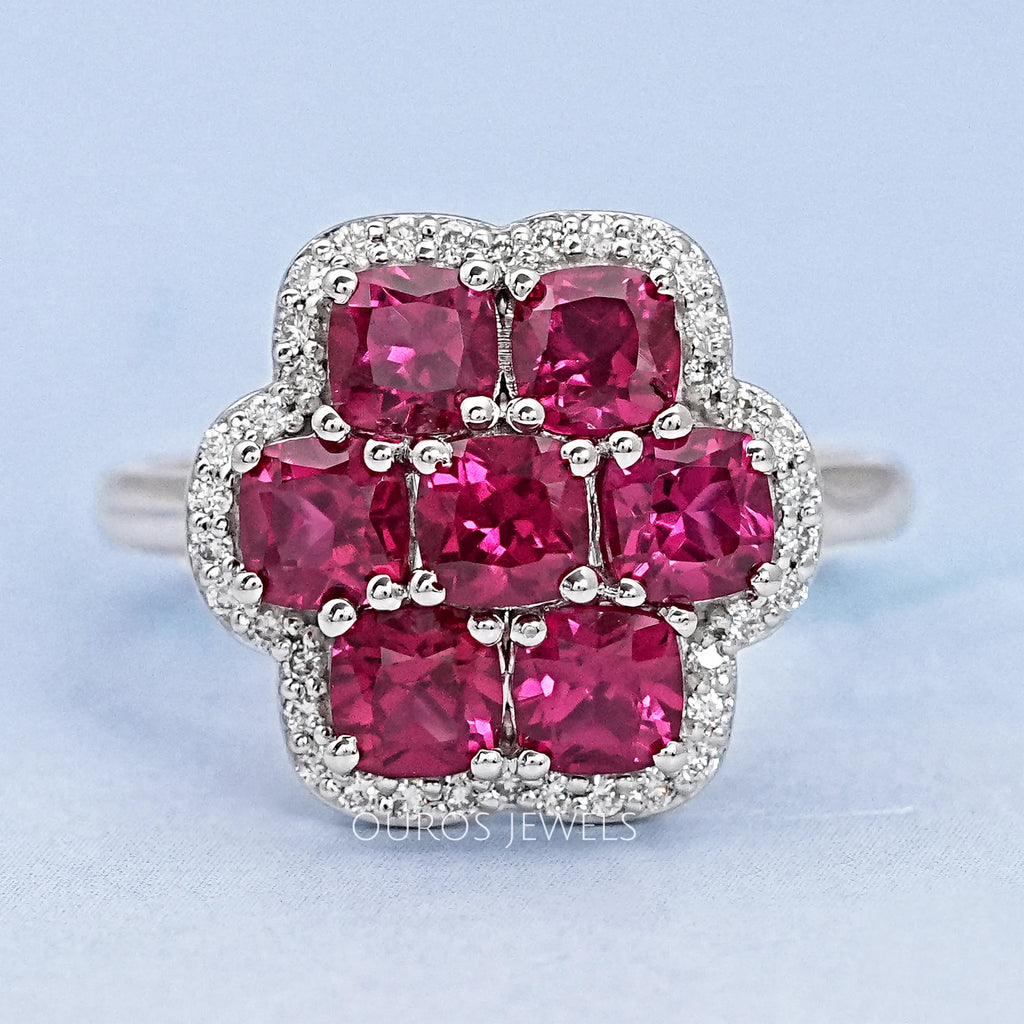 Red Ruby Cushion Shape Floral Halo Engagement Ring Ring