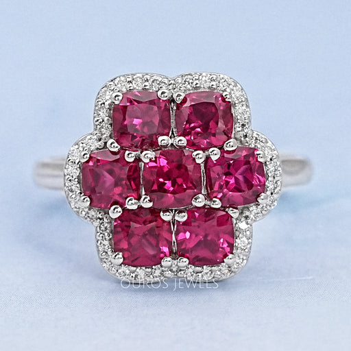 Red Ruby Cushion Shape Floral Halo Engagement Ring Ring