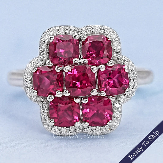 Ruby Cushion Gemstone Floral Halo Ring