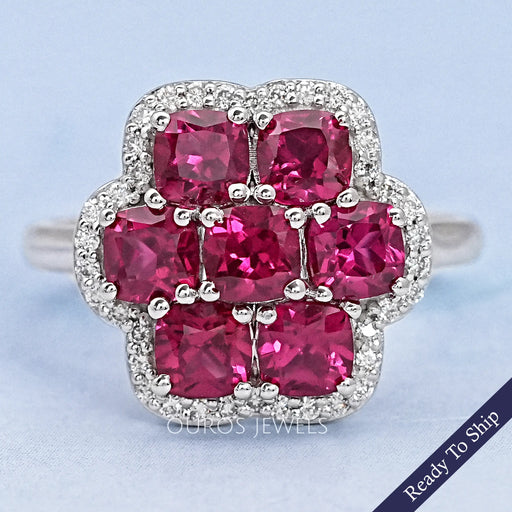 Ruby Cushion Gemstone Floral Halo Ring