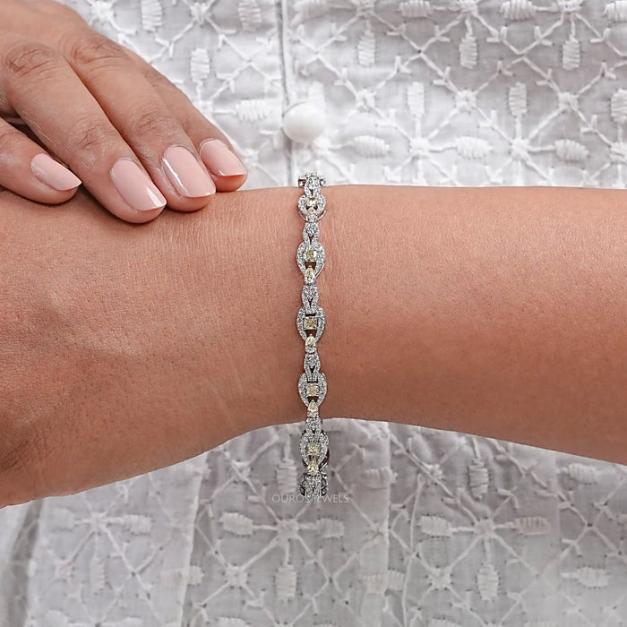 Yellow Cushion Lab Diamond Halo Link Tennis Bracelet Bracelet