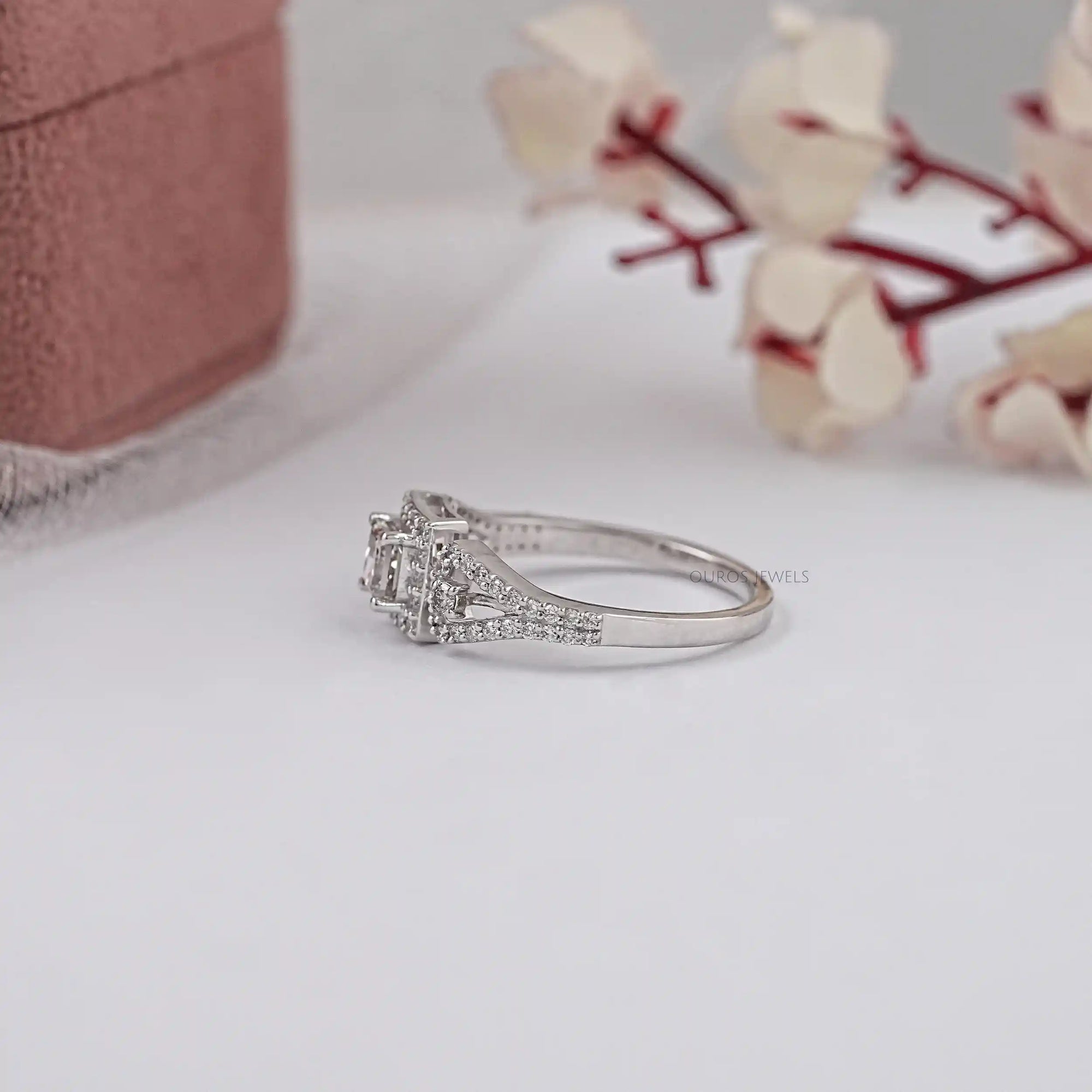 Olive Princess Cut Lab Diamond Three Stone Halo Ring Ring