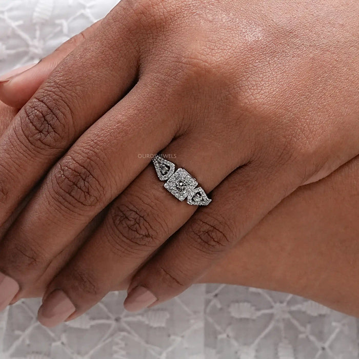 Olive Princess Cut Lab Diamond Three Stone Halo Ring Ring