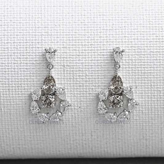 Olive Pear And Round Lab Diamonds Halo Drop Earrings