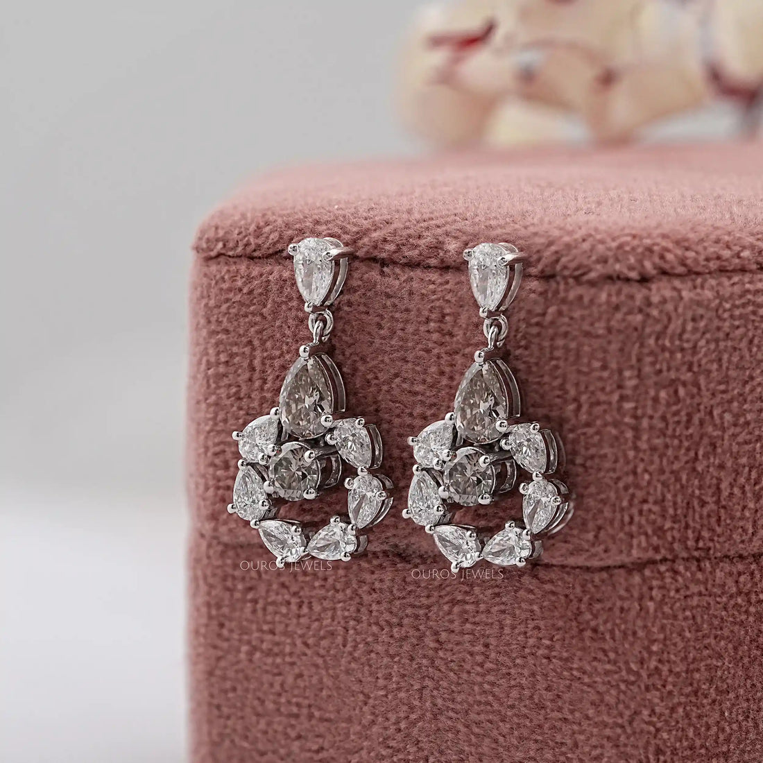 Olive Pear Diamond And Round Halo Drop Earrings Earrings