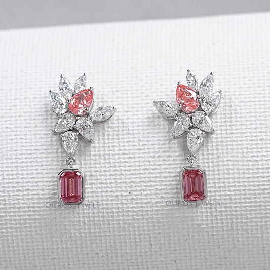 Cluster Drop Earrings With Pink & White Diamonds Earring
