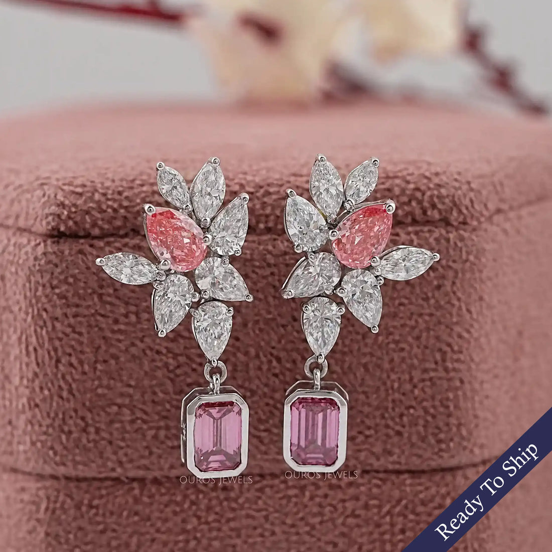 Pink Emerald And Pear Diamond Cluster Drop Earrings Earrings
