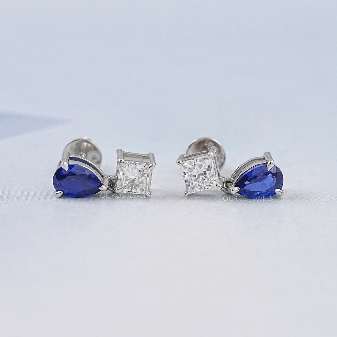 Pear Sapphire And Princess Diamond Two Stone Earrings