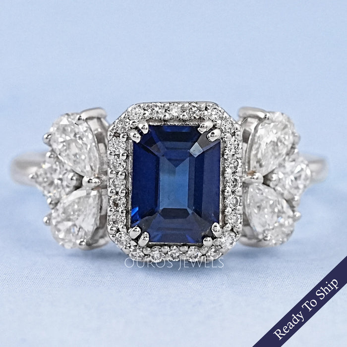 Sapphire Emerald Gemstone Halo Engagement Ring