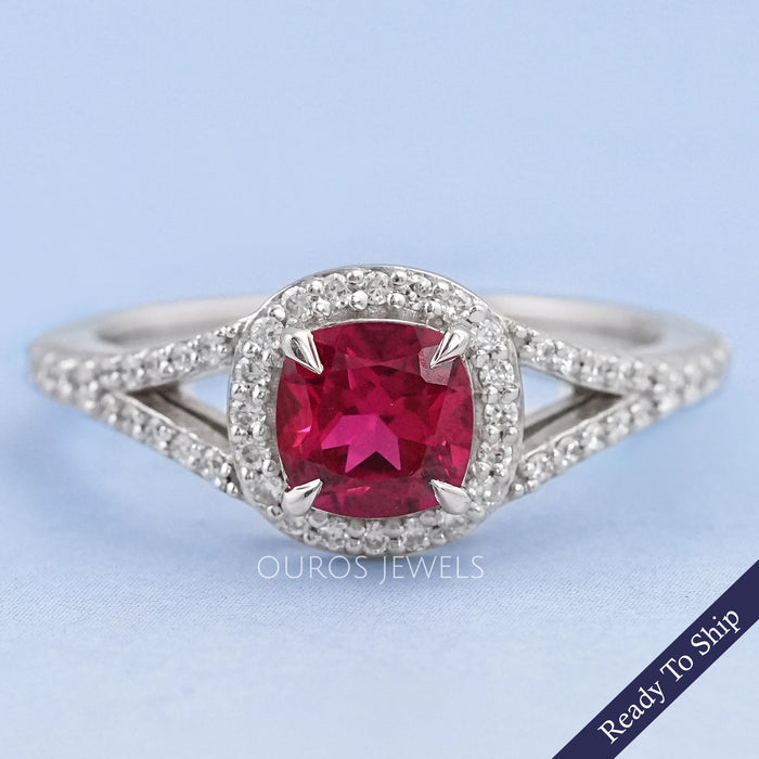 Ruby Cushion Gemstone Split Shank Halo Ring