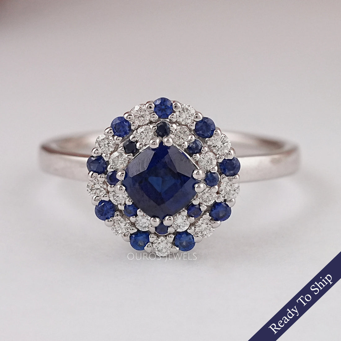 Blue Cushion Cut Lab Gemstone Double Halo Ring Ring