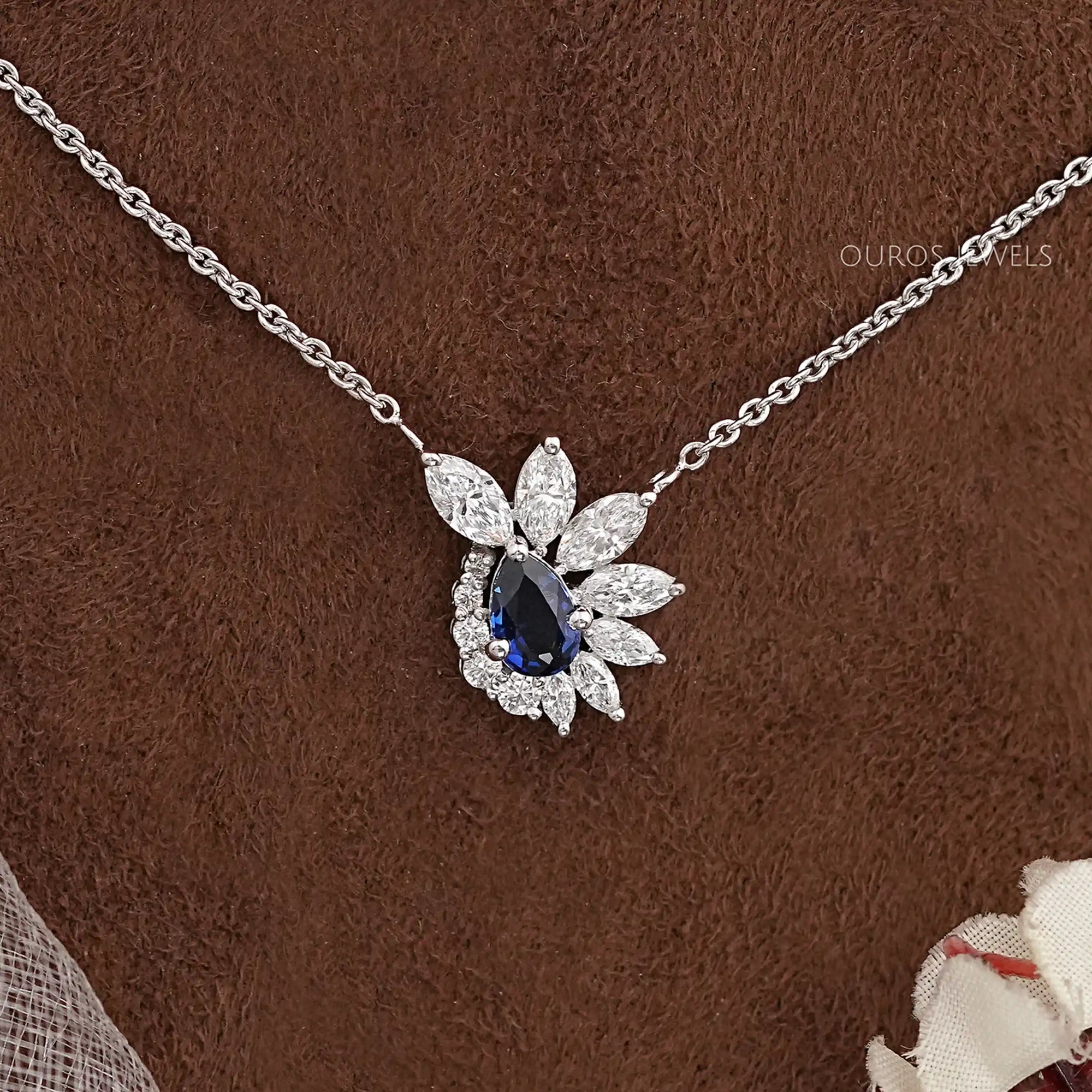 Blue Sapphire And Diamond Floral Cluster Pendant Necklace Necklaces