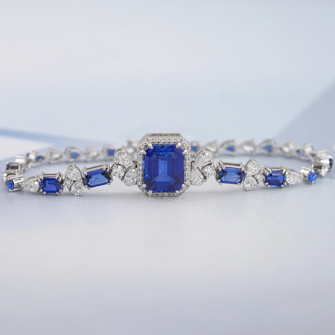 Sapphire Emerald Cut Halo Diamond Bracelet