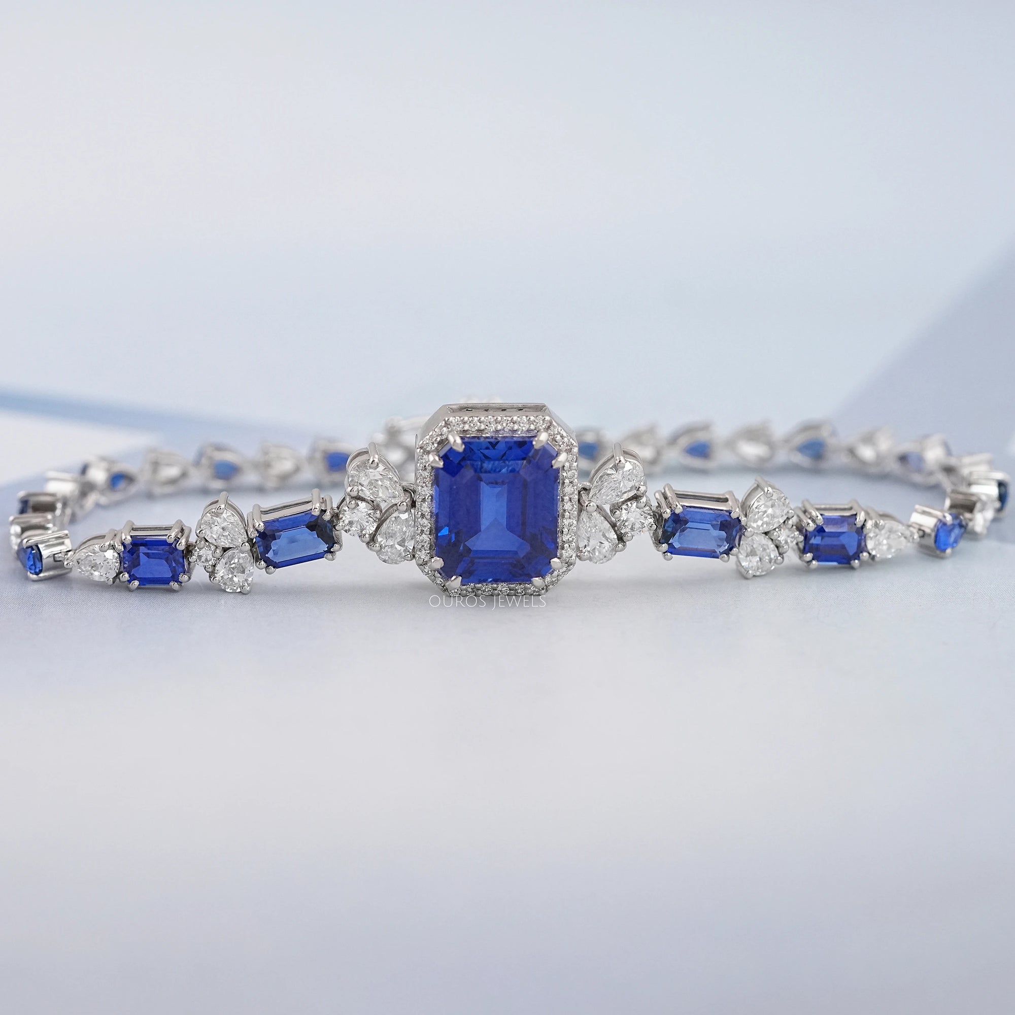 Sapphire Emerald Cut Halo Diamond Bracelet