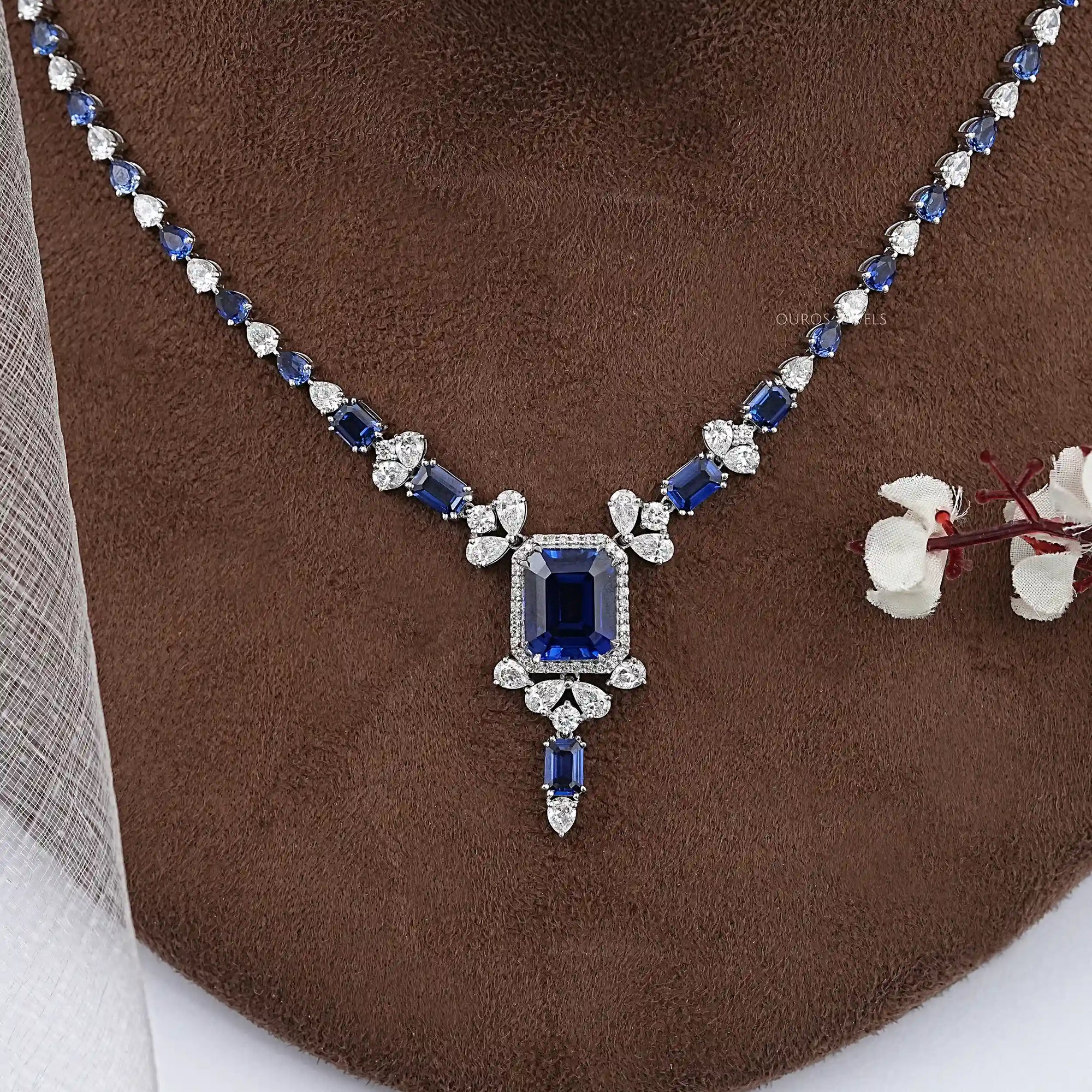 Sapphire Emerald Cut And Diamond Necklace Necklaces