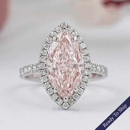 Pink Marquise Cut Lab Diamond Halo Accent Ring Ring