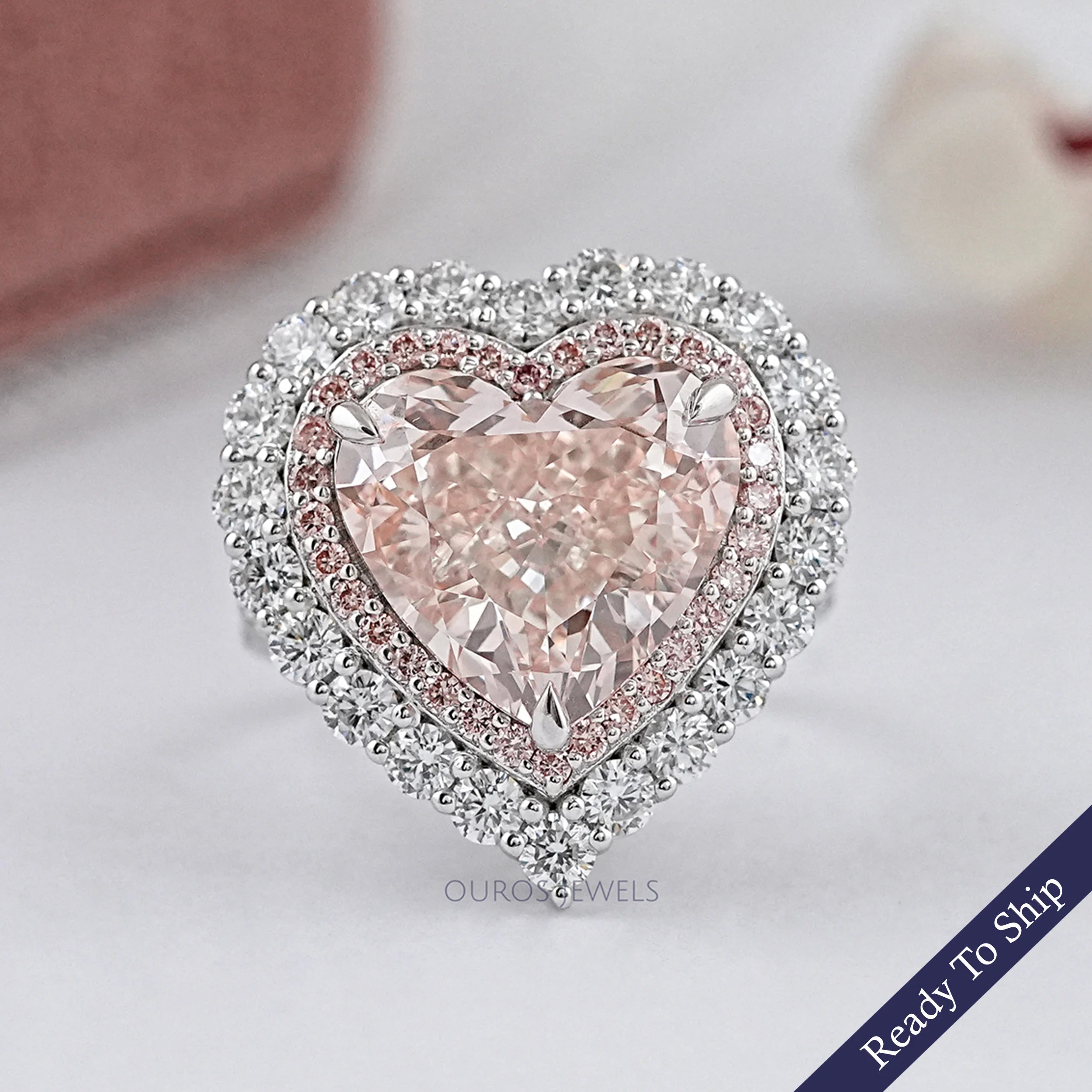 Pink Heart Cut Lab Diamond Double Halo Engagement Ring – Ouros Jewels