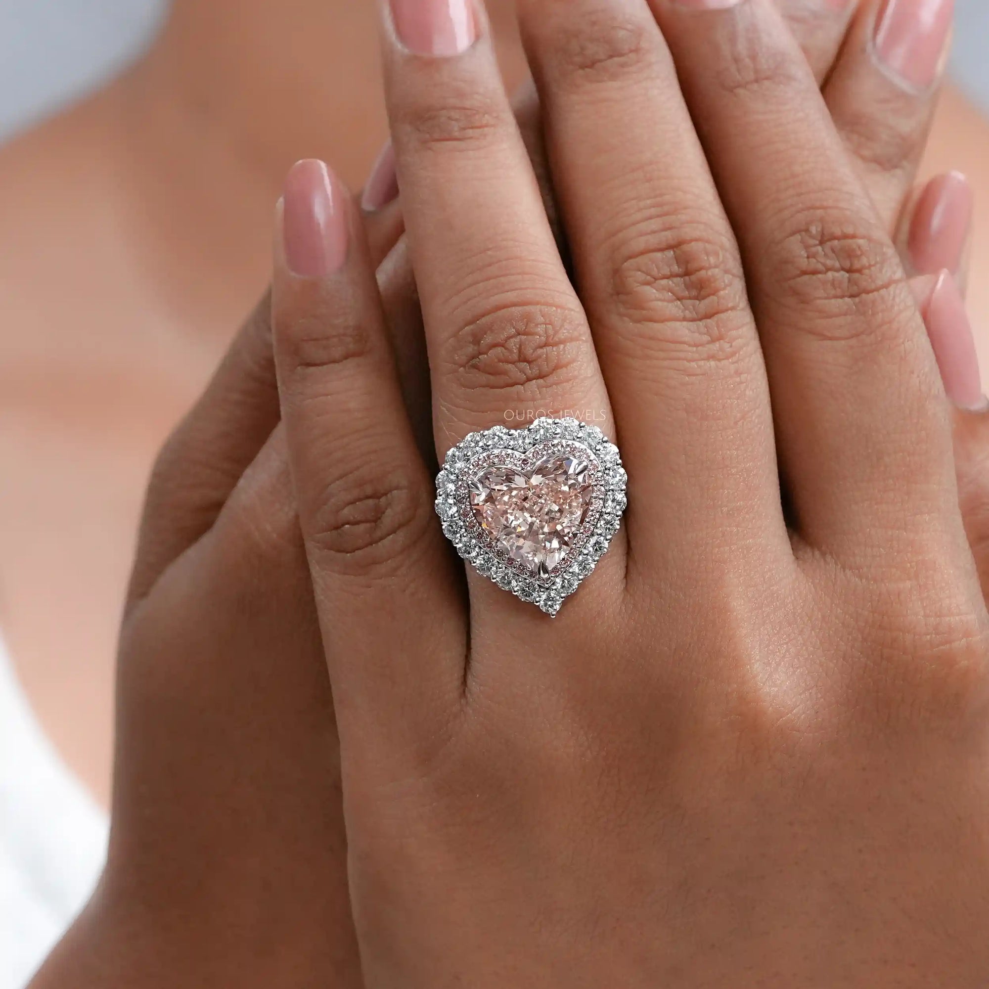 Pink Herat Cut Lab Diamond Double Halo Engagement Ring Ring