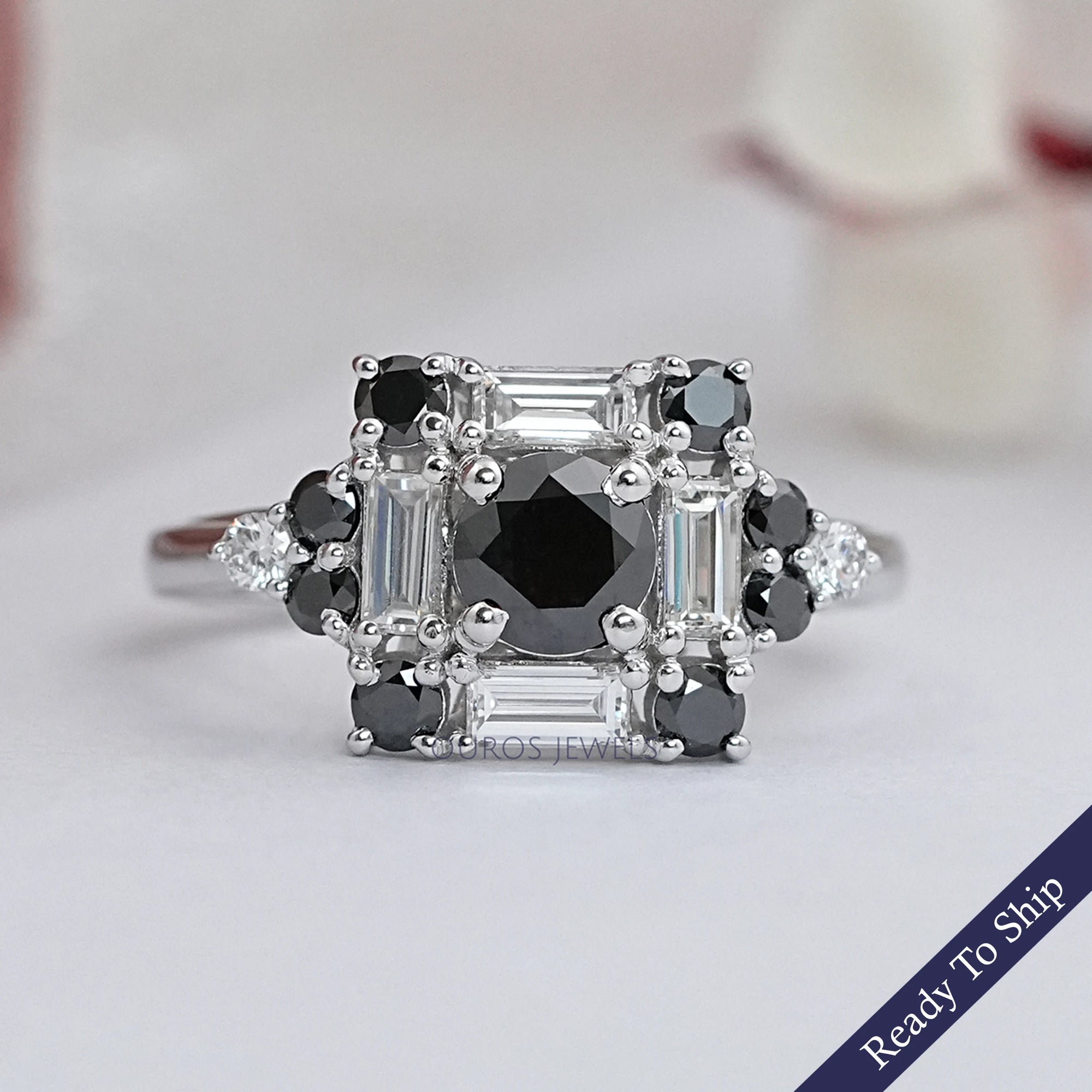 Black Round Diamond Halo Engagement Ring Rings