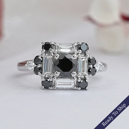 Black Round Diamond Halo Engagement Ring Rings