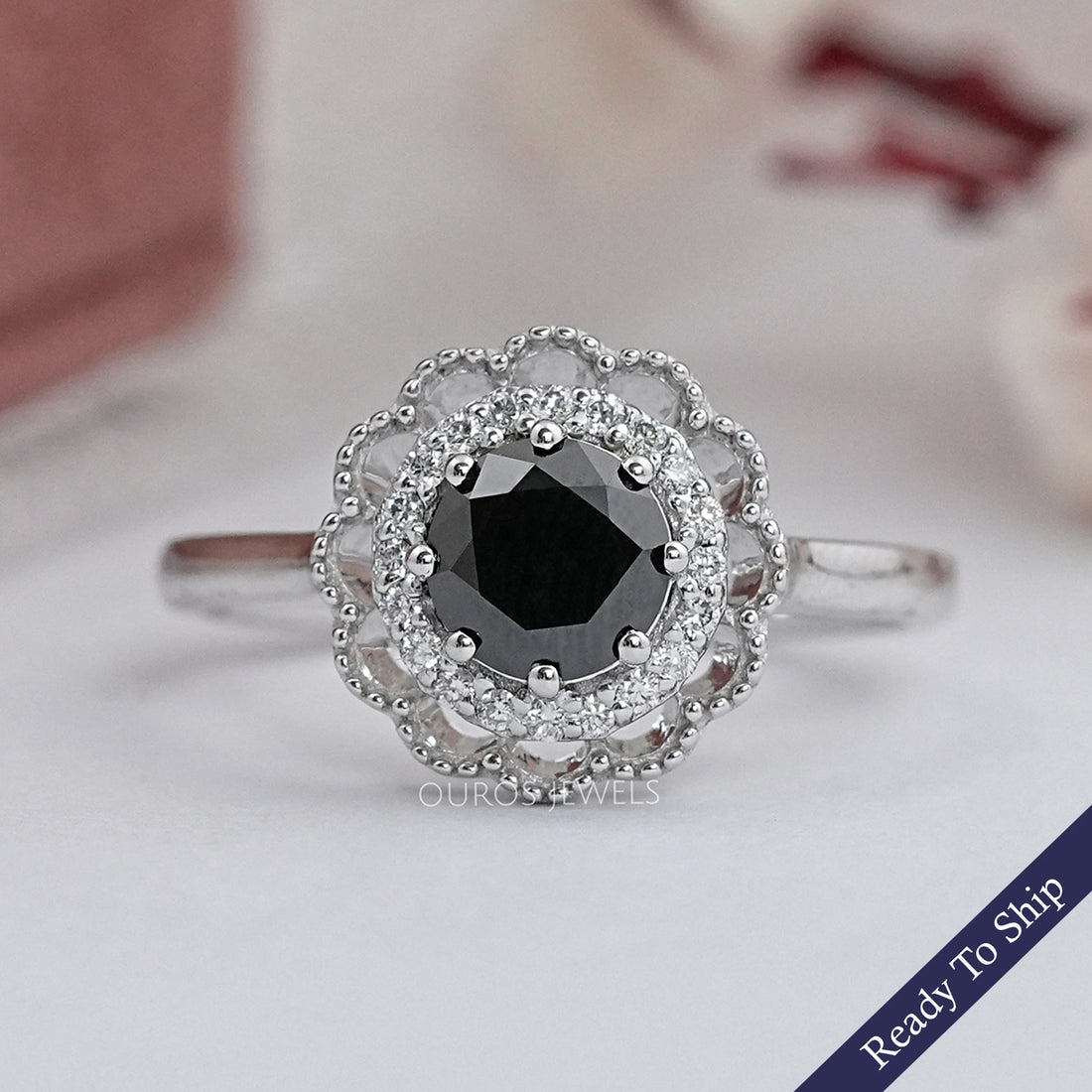 Black Round Diamond Double Halo Engagement Ring Rings