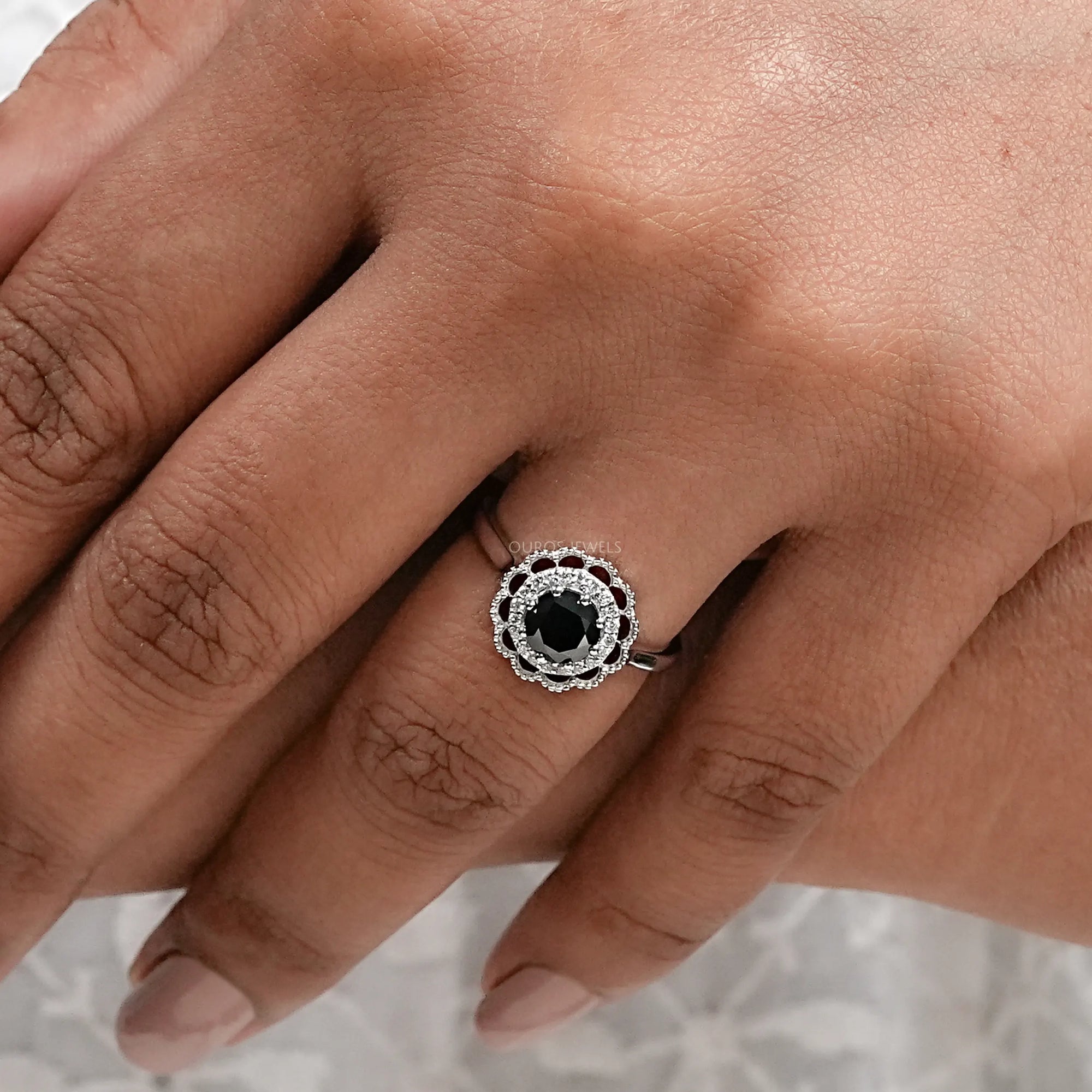 Black Round Diamond Double Halo Engagement Ring Rings