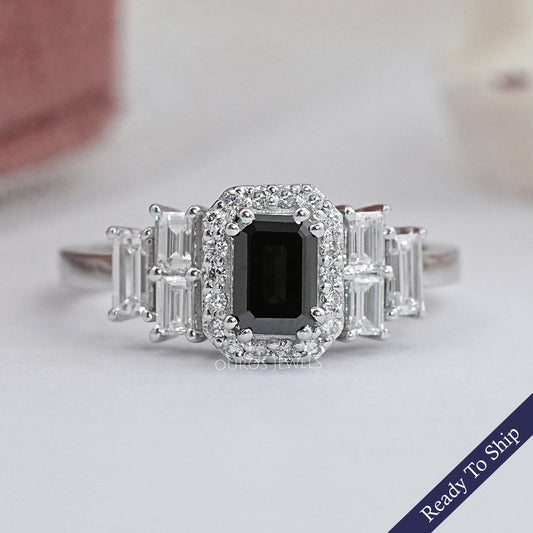 Black Emerald Diamond Accent Halo Engagement Ring Rings