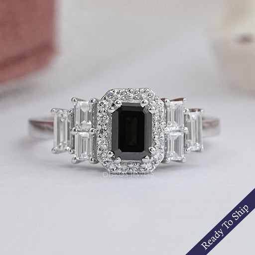 Black Emerald Diamond Accent Halo Engagement Ring Rings