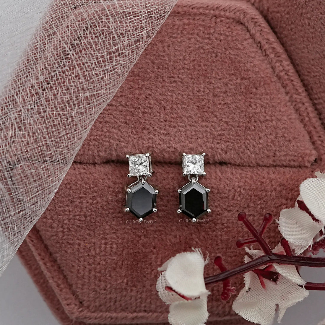 Black Hexagon Diamond Drop Earrings Earrings
