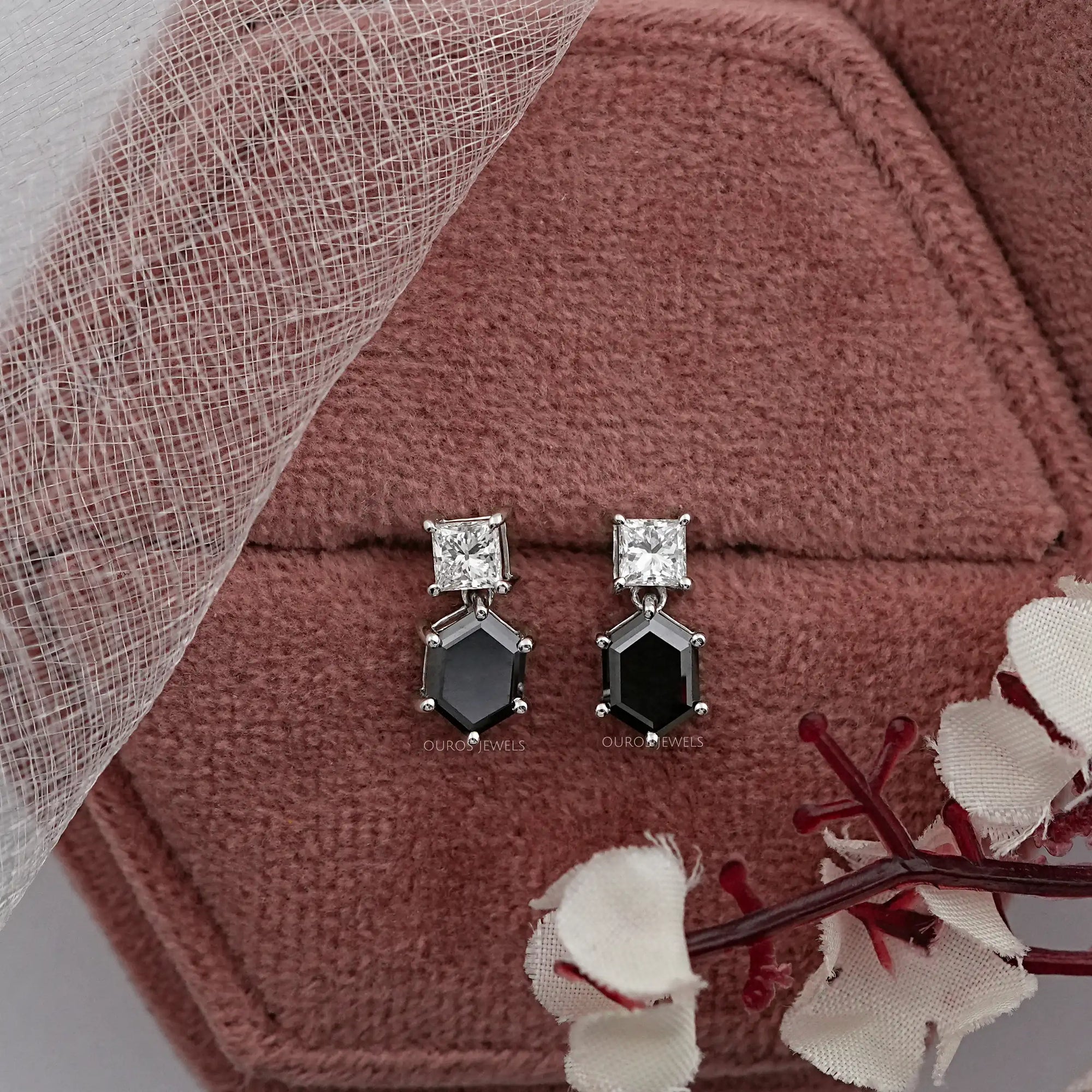 Black Hexagon Diamond Drop Earrings Earrings