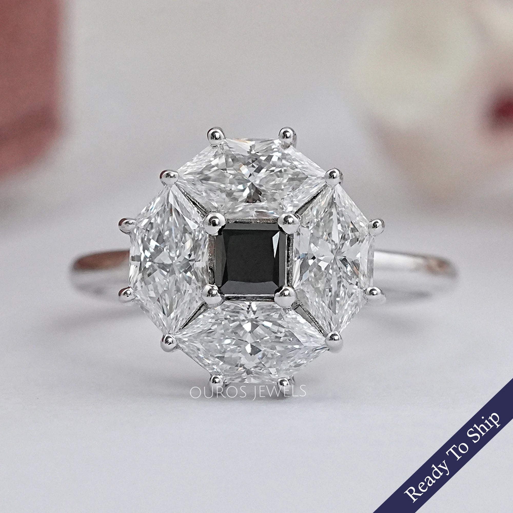 Black Princess Diamond Halo Engagement Ring Rings