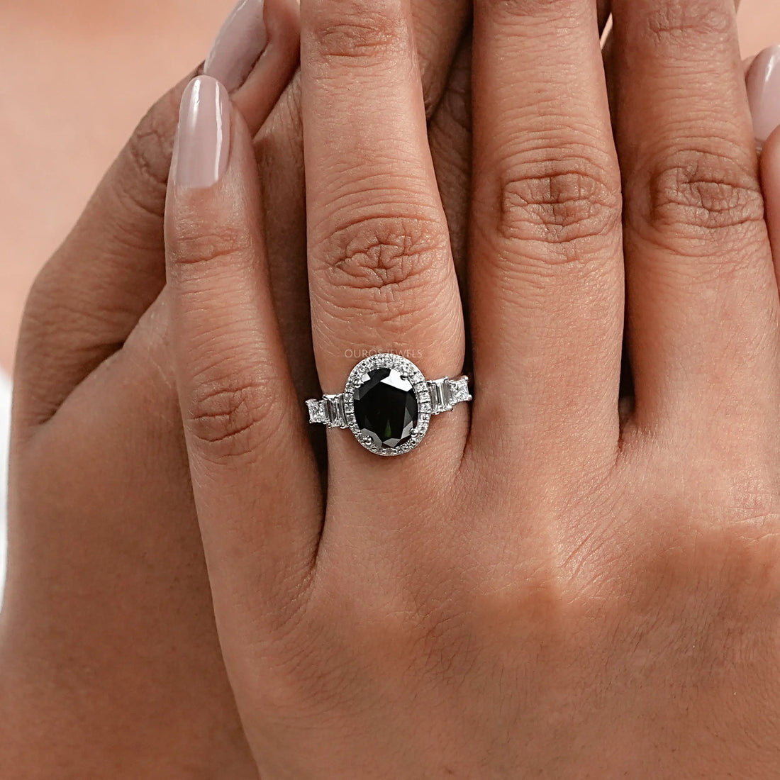 Black Oval Diamond Accent With Halo Engagement Ring Rings