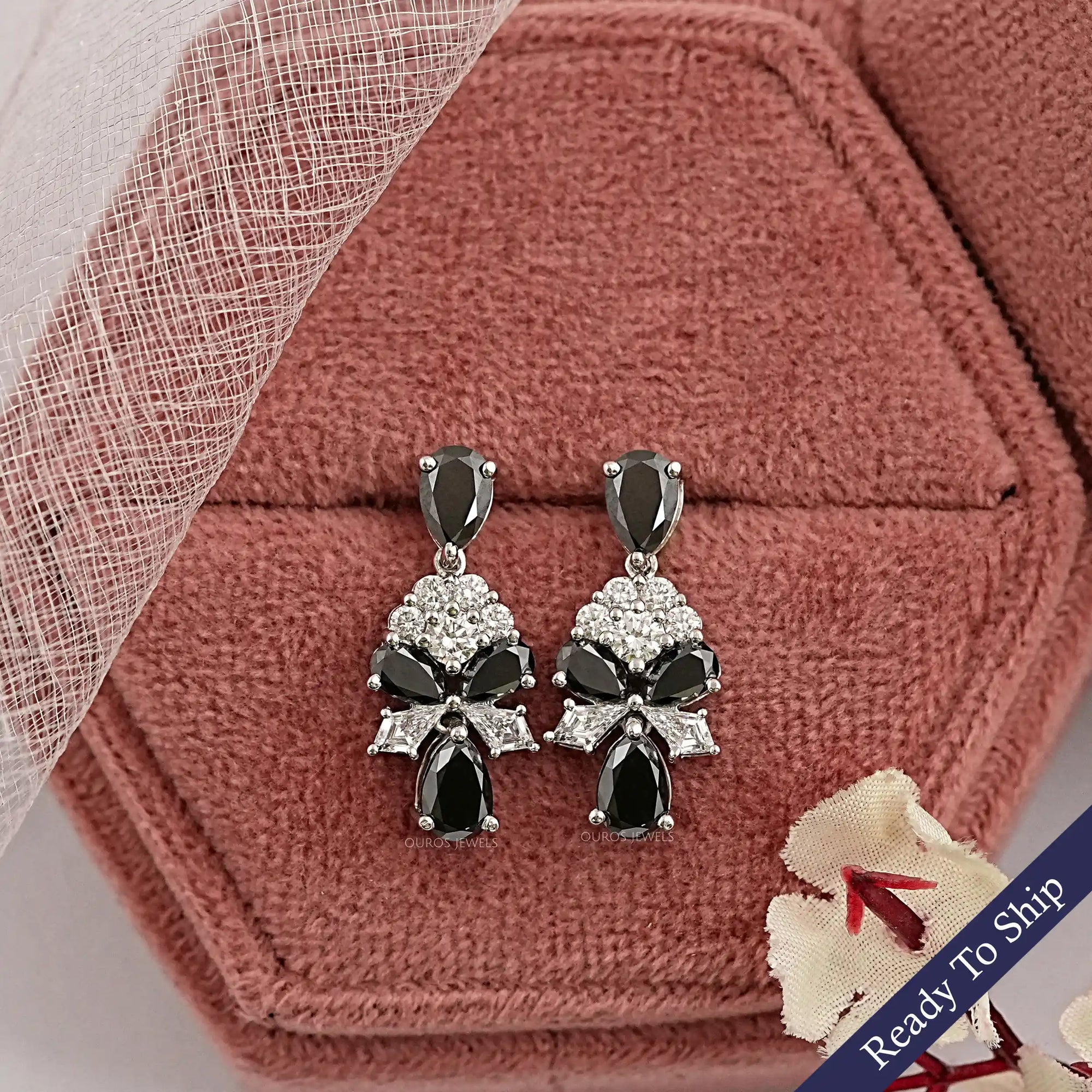 Black Pear Diamond Cluster Drop Earrings Earrings